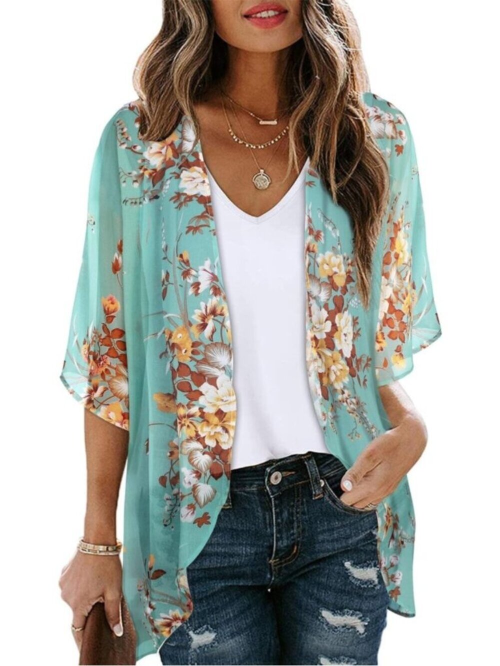 🆕Womens Aqua Blue Polyester Kimono Cardigan Swimwear Coverup Floral Puff Sleeve